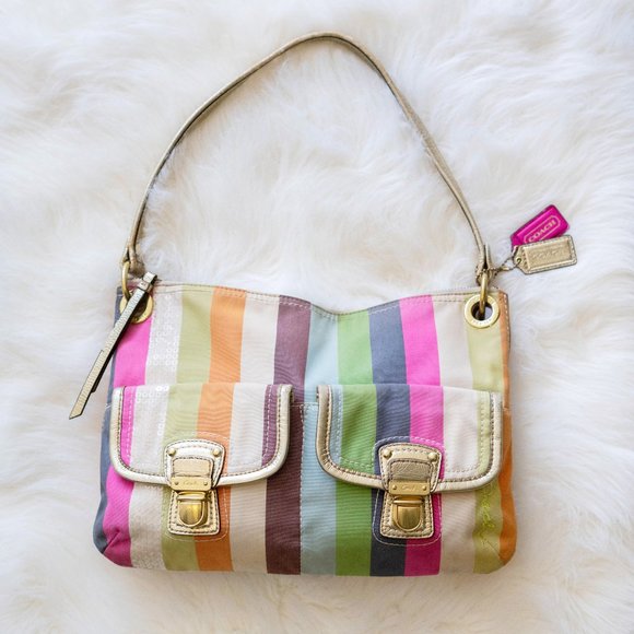 Coach Handbags - COACH #19025 Poppy Legacy Stripe Hobo Purse Canvas & Leather Sequin Multicolor